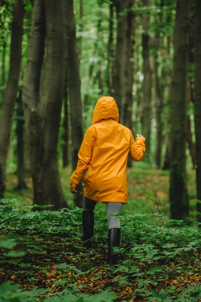 Femeie Haină Ploaie Galbenă Care Plimbă Prin Pădurea Ploioasă Vedere — Fotografie, imagine de stoc