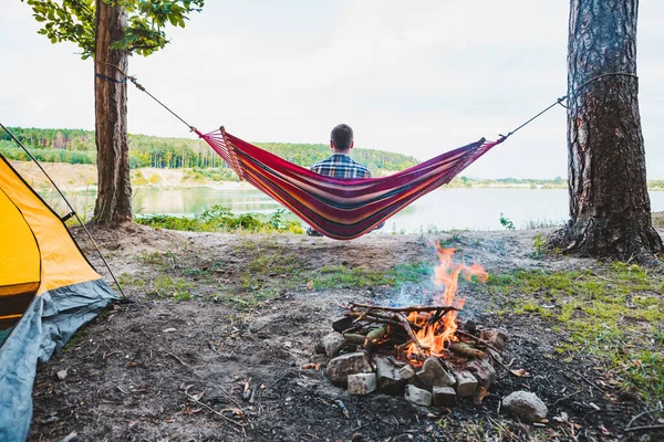 Man Laying Hammock Lake Beach Camp Fire Tourism Concept — Stock Photo, Image