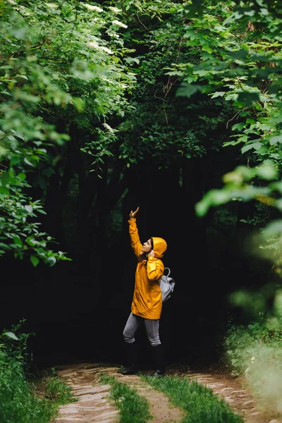 Mulher Capa Amarela Andando Pela Floresta Chuvosa Visão Traseira Espaço — Fotografia de Stock