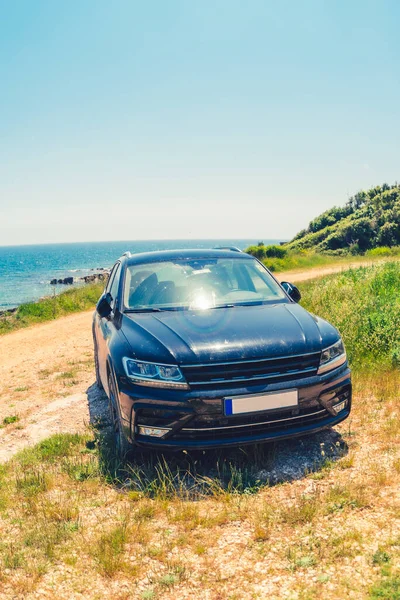 Vista Carro Mar Verão Praia Cópia Espaço Viagem Conceito — Fotografia de Stock