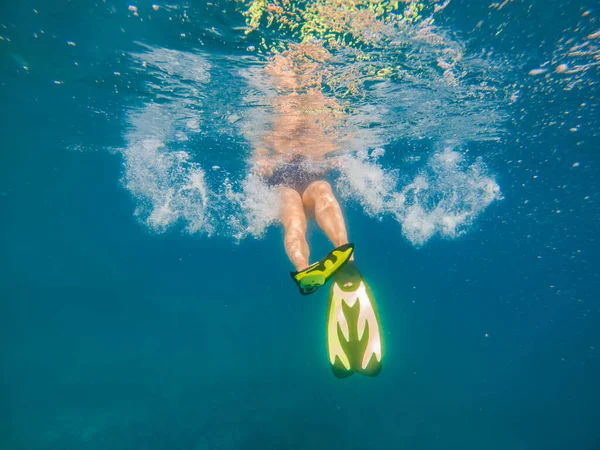 Femme Vue Sur Nageoire Plage Sous Marine Vacances Été Saison — Photo