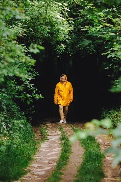 Călător Pelerinaj Galben Drumeții Pădure Ploioasă Copia Spațiu — Fotografie, imagine de stoc