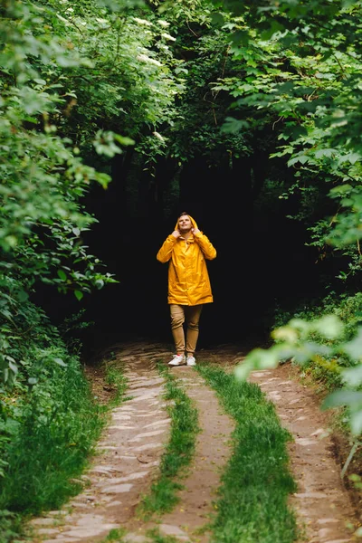 Homem Viajante Amarelo Capa Chuva Caminhadas Pela Floresta Chuvosa Espaço — Fotografia de Stock