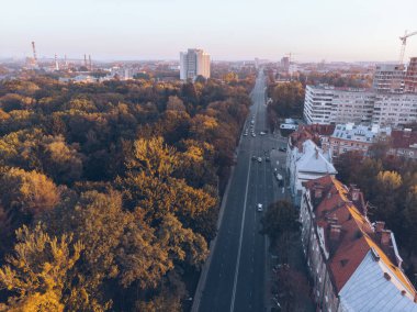 Günbatımı fotokopi uzayında sonbahar şehir parkının hava görüntüsü