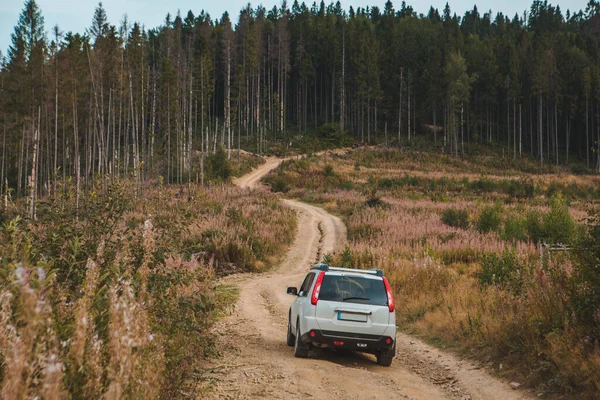 Terénní Auto Cestování Horách Vrchol Podzimní Sezóna Výlet — Stock fotografie