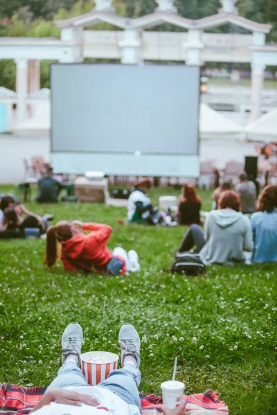 Open Air Cinema Concept People Watching Movie City Public Park — Stock Photo, Image