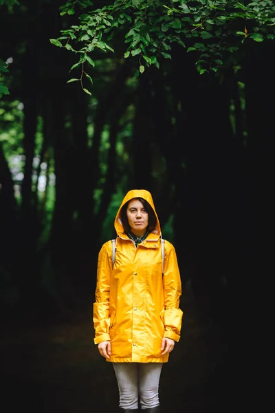 woman in yellow raincoat walking by rainy forest. rear view. copy space. small people in big world