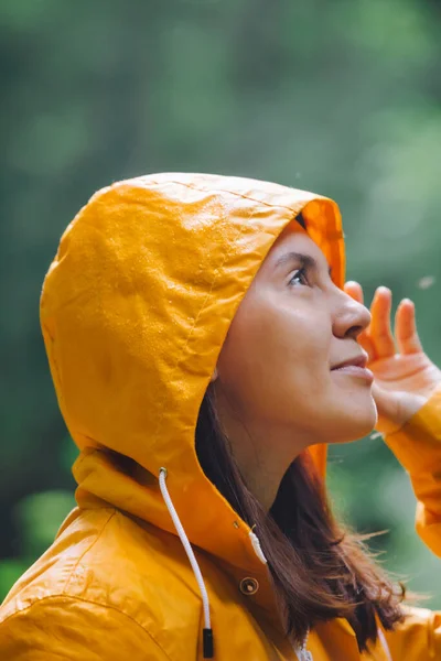 woman in yellow raincoat walking by rainy forest. rear view. copy space. small people in big world