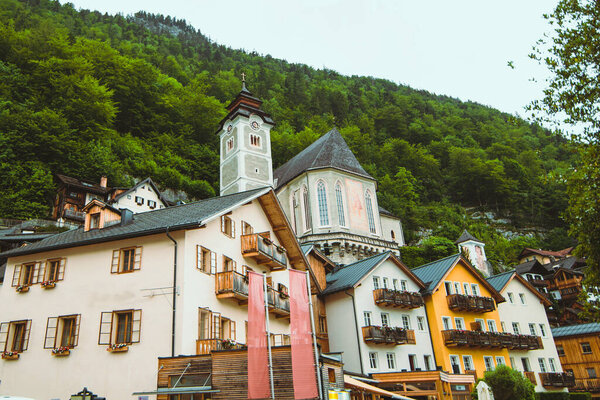 Hallstatt, Austria - June 15, 2019: Katholische Pfarrkirche Maria Am Berg Hallstatt austria