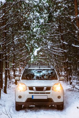 Kış ormanında ışıkları yanan beyaz bir cip. Yol gezisi