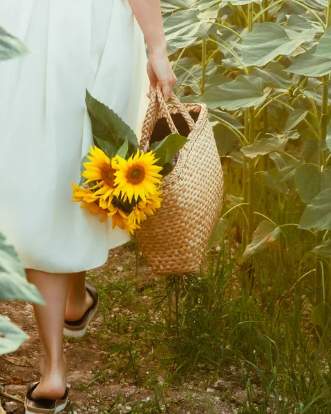 Jeune Femme Robe Soleil Marchant Par Champ Tournesols Sur Vue — Photo