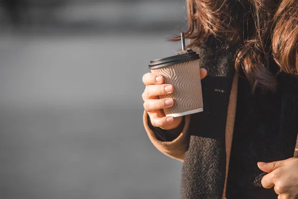 Woman Holding Paper Cup Coffee Her Hands Close Face Copy — Stock Photo, Image