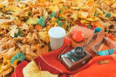 Kahve fincanlı kırmızı elma ve sarı yapraklı battaniyeli kitap.
