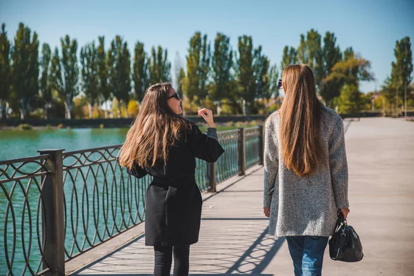 Deux Copines Marchant Par Quai Ville Manteaux Automne Journée Ensoleillée — Photo