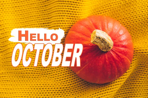 Hello October Text Orange Pumpkin Yellow Cloth Texture Greeting Card — Stock Photo, Image