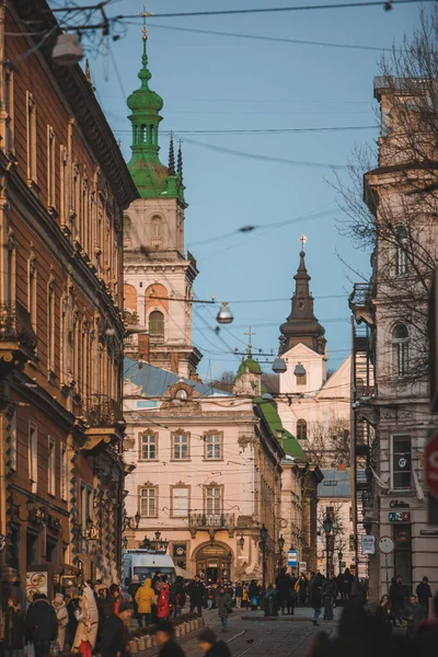 Lviv Ukrajna 2019 Február Kilátás Utcára Naplemente Fénymásolóterén — Stock Fotó