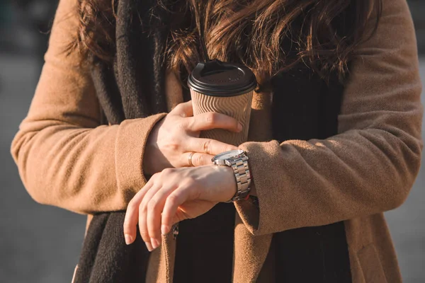 Woman Outdoors Check Time Wrist Watch Holding Paper Coffee Cup — Stock Photo, Image