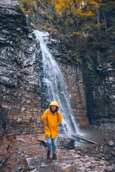 Portrait Woman Yellow Raincoat Front Autumn Waterfall Hiking Concept — Stock Photo, Image