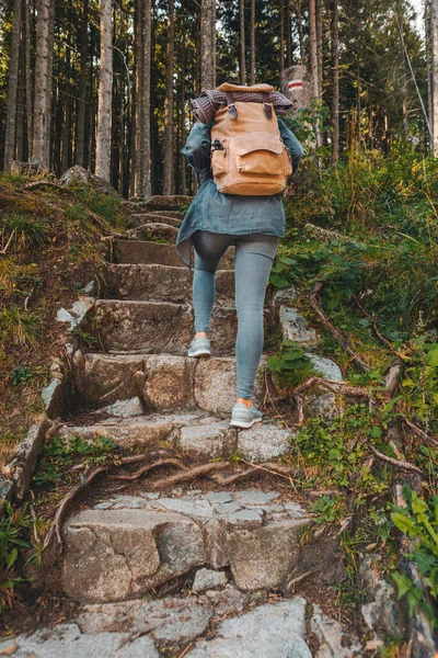 Woman Backpack Walking Stone Stairs Leads Forest Hiking Concept — Stock Photo, Image