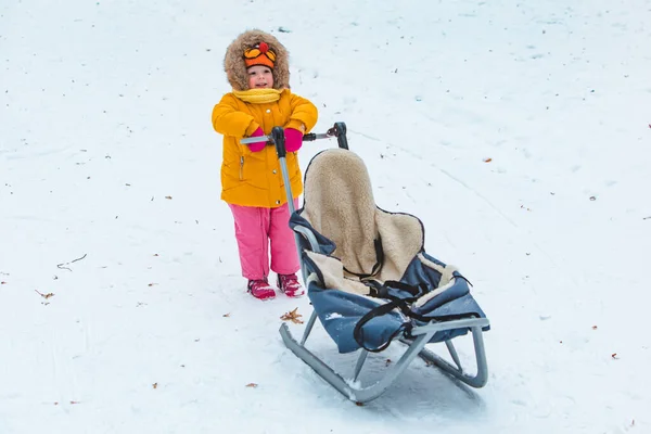 Klein Lachend Meisje Met Slee Besneeuwde Winterdag — Stockfoto