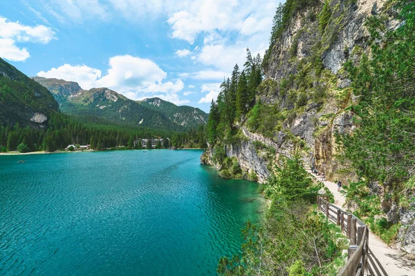 panoramic view of braies lake in italy alps mountains