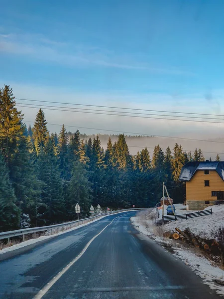 View Road Winter Mountains Sunny Day Copy Space — Stock Photo, Image