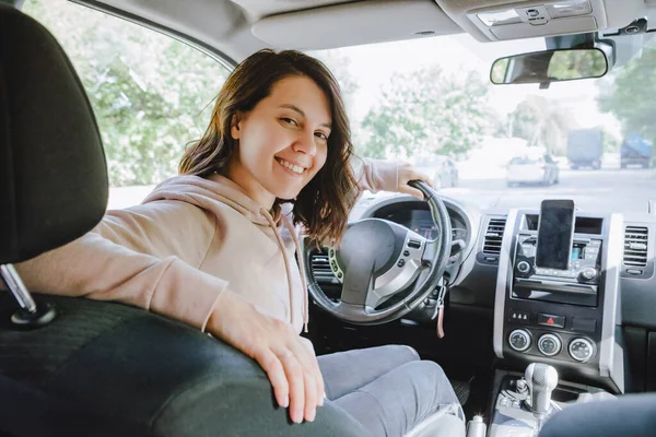 Young Pretty Driver Woman Sitting Car View — Stock Photo, Image