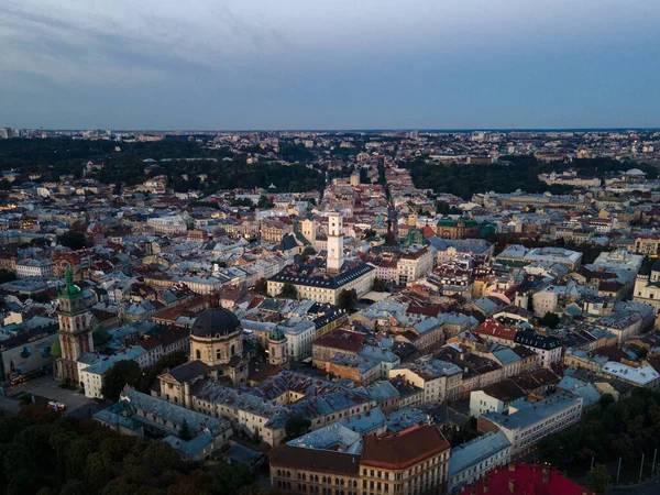 aerial view of Lviv city on sunrise copy space