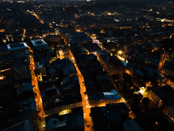 Natt Antenn Utsikt Över Gamla Europeiska Staden Med Trånga Gator — Stockfoto