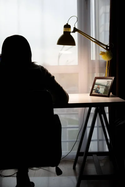 woman working on PC at home silhouette near window