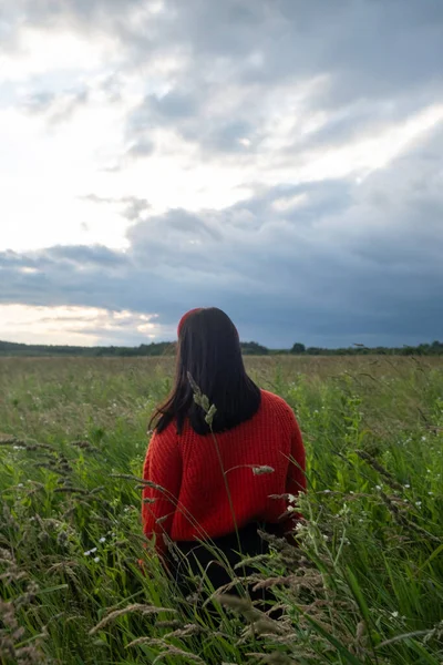 Grassy Field Arka Görünümlü Kırmızı Süveterli Kadın