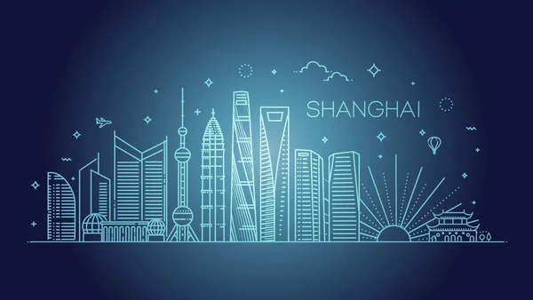 Shanghai építészet vonal városkép illusztráció. A híres tereptárgyak lineáris vektor utca-és városrészlet — Stock Vector