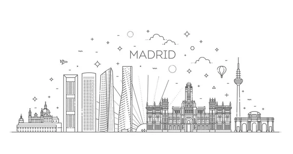 Skyline di Madrid, Spagna. Illustrazione vettoriale, line art — Vettoriale Stock