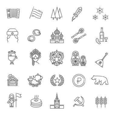 Rusya seyahat ve Turizm vetor ince çizgi Icon Set