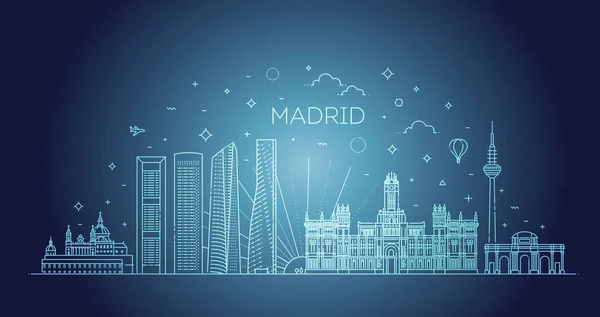 Skyline di Madrid, Spagna. Illustrazione vettoriale, line art — Vettoriale Stock