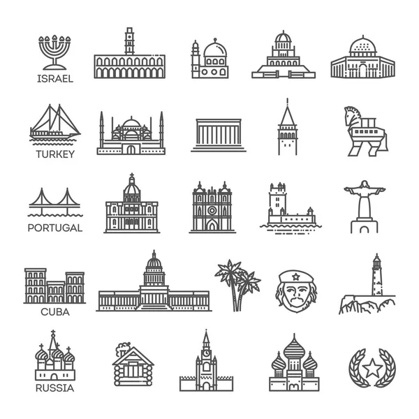 Conjunto de ícones vetoriais lineares simples que representam marcos turísticos globais e destinos de viagem para férias — Vetor de Stock