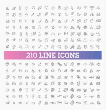 210 yiyecek ve içecek ince Icon set vektör