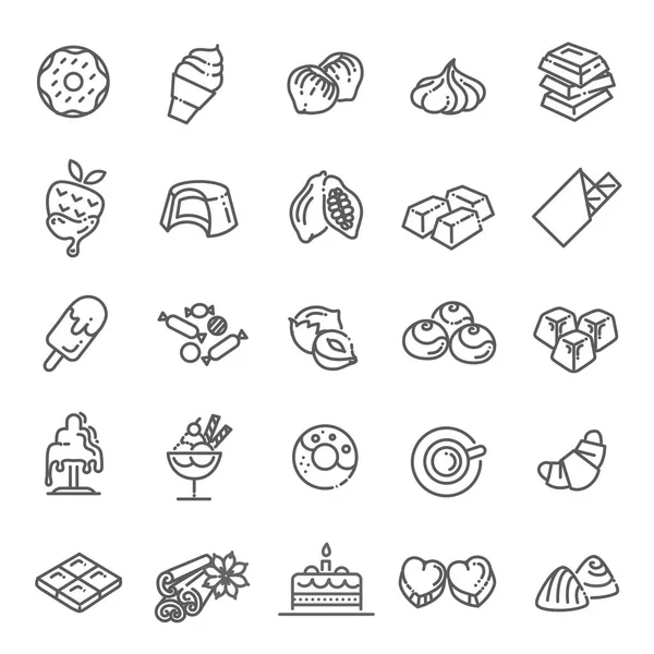 Set Vektor Line Symbole in flachem Design Schokolade, Dessert, Kakao und Bonbons — Stockvektor