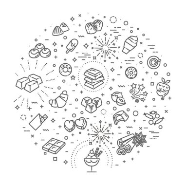 Düz tasarım çikolata, tatlı, kakao ve şeker vektör hat Icons set