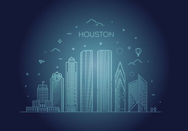 Houston şehir silueti, vektör çizimi doğrusal olarak. Teksas, Birleşik Devletler
