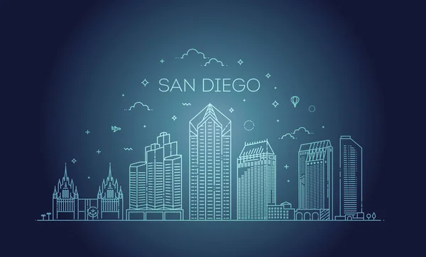 Linear San Diego cidade skyline vetor fundo —  Vetores de Stock