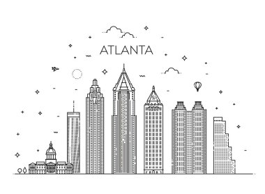 Atlanta mimari serisi ufuk çizgisi çizimi. Ünlü simgeleri olan doğrusal vektör şehir manzarası