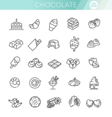 Düz tasarım çikolata, tatlı, kakao ve şeker vektör hat Icons set