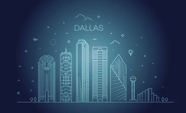 Texas Dallas architecture line skyline illustration (en inglés). Paisaje urbano lineal vectorial con monumentos famosos — Vector de stock