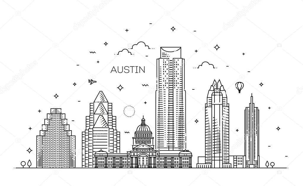 Austin architecture line skyline illustration. Linear vector cityscape with famous landmarks