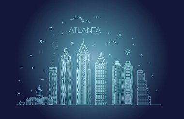 Atlanta mimari serisi ufuk çizgisi çizimi. Ünlü simgeleri olan doğrusal vektör şehir manzarası