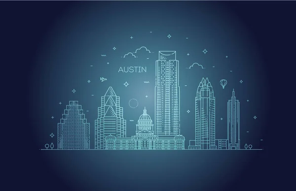 Obrazová ilustrace Austinovy architektury. Lineární vektorová městská krajina se známými orientačními body — Stockový vektor