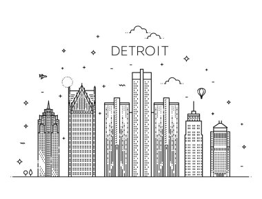 Michigan, Detroit. Şehir silüeti. Mimari, binalar, manzara, panorama, simgeler, simgeler