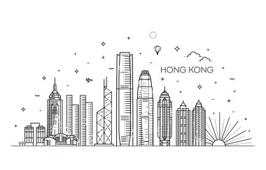 Hong Kong silueti, vektör çizimi doğrusal biçiminde