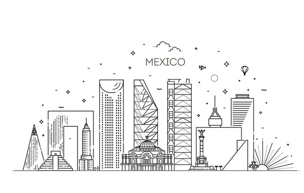 Die Skyline von Mexiko-Stadt auf weißem Hintergrund. Flache Vektorabbildung — Stockvektor